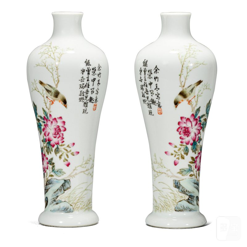 民国 余竹青粉彩花鸟纹梅瓶一对